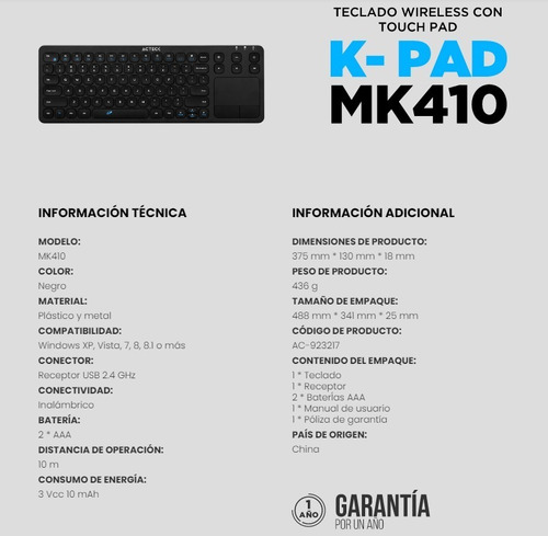 Teclado inalámbrico Acteck K-PAD MK410, con Touchpad integrado. Color Negro.