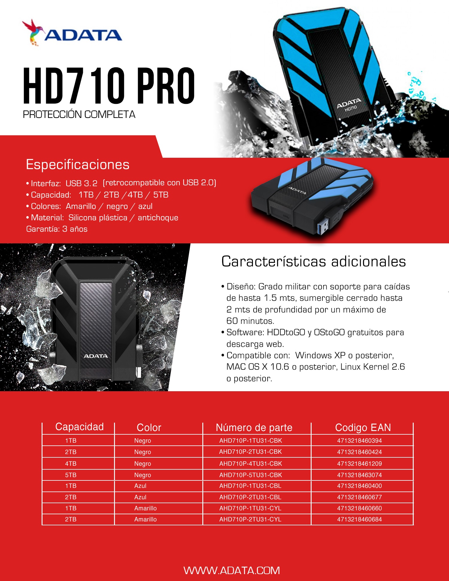 Disco Duro Portátil ADATA HD710 Pro de 4TB, USB 3.0. Color Negro.
